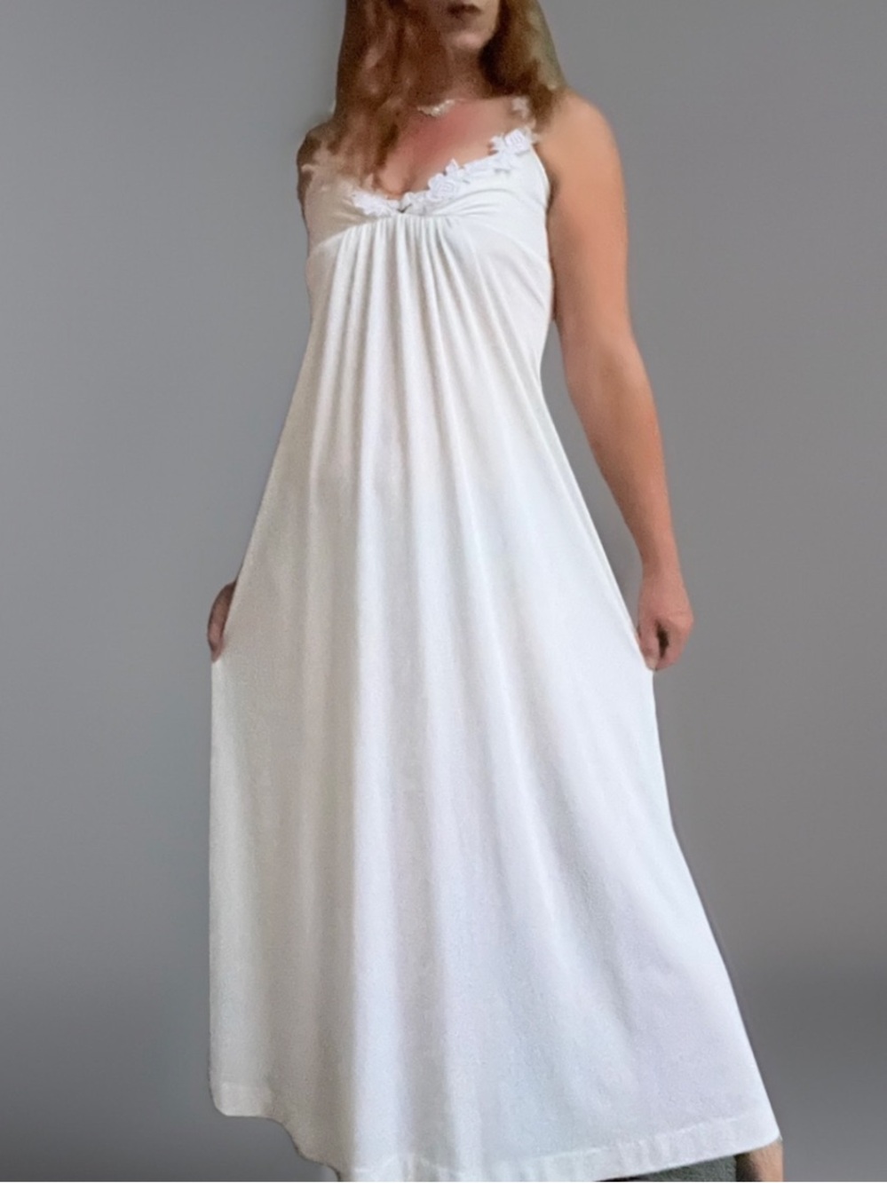 VTG 70s Saks Fifth Avenue Empire Waist White Lace Trim Long Gown Formal Dress S